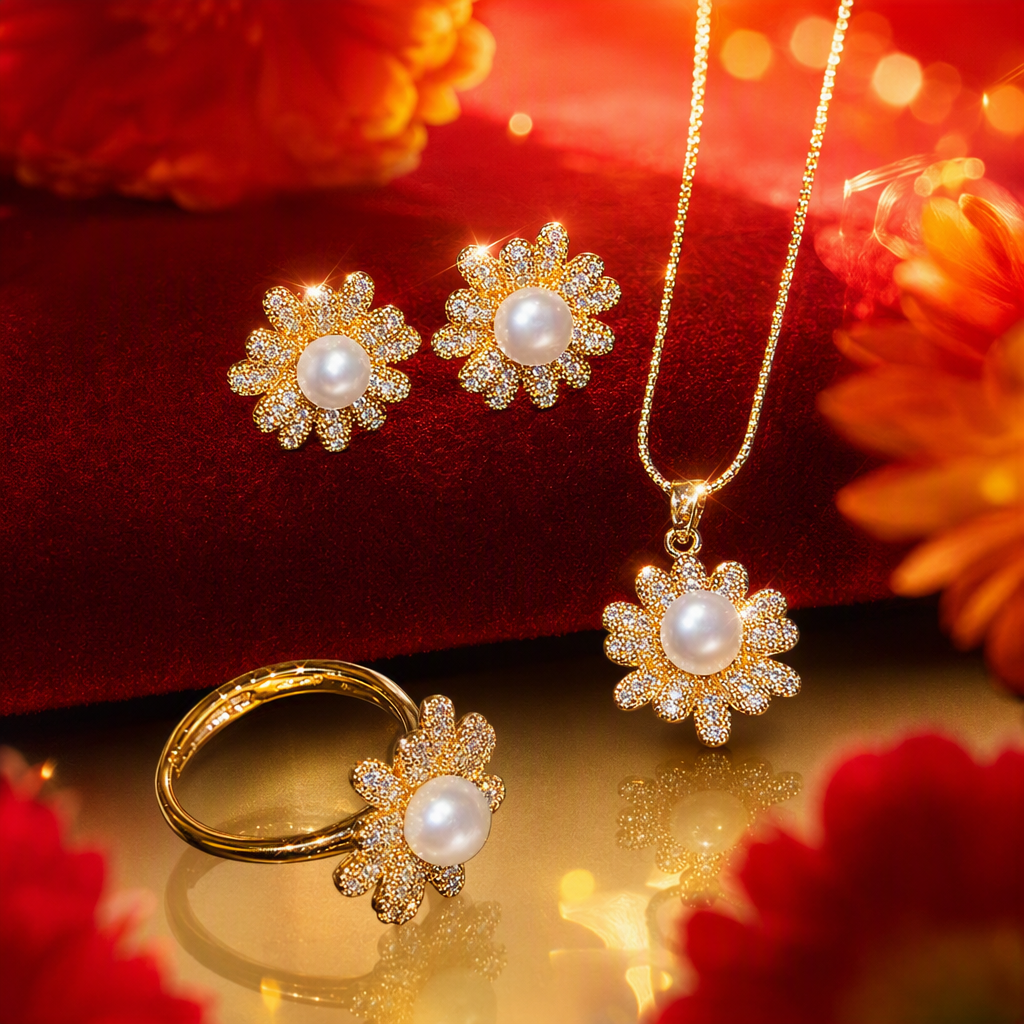 Golden flower pearl jewelry set, stud necklace, ring, elegant and refined women's accessories, gift packaging Specification image