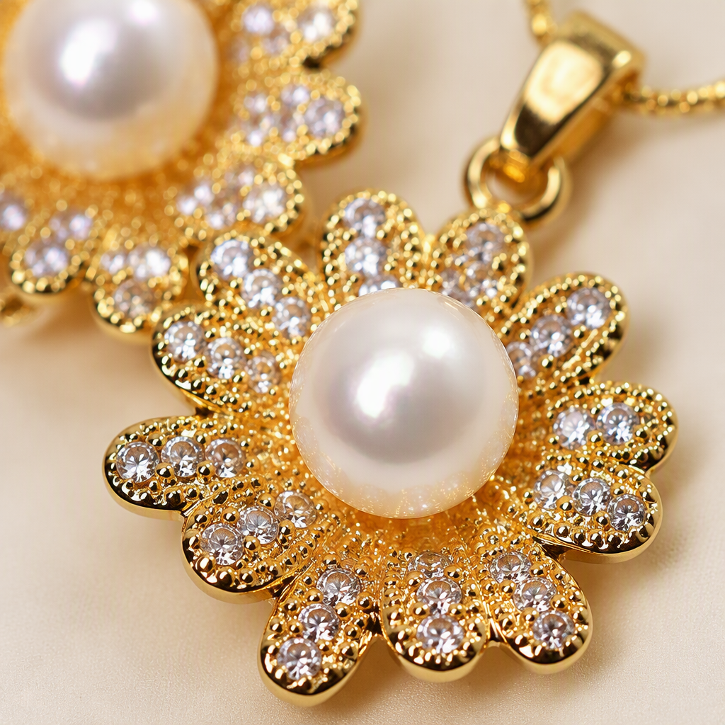 Golden flower pearl jewelry set, stud necklace, ring, elegant and refined women's accessories, gift packaging Application Scenario