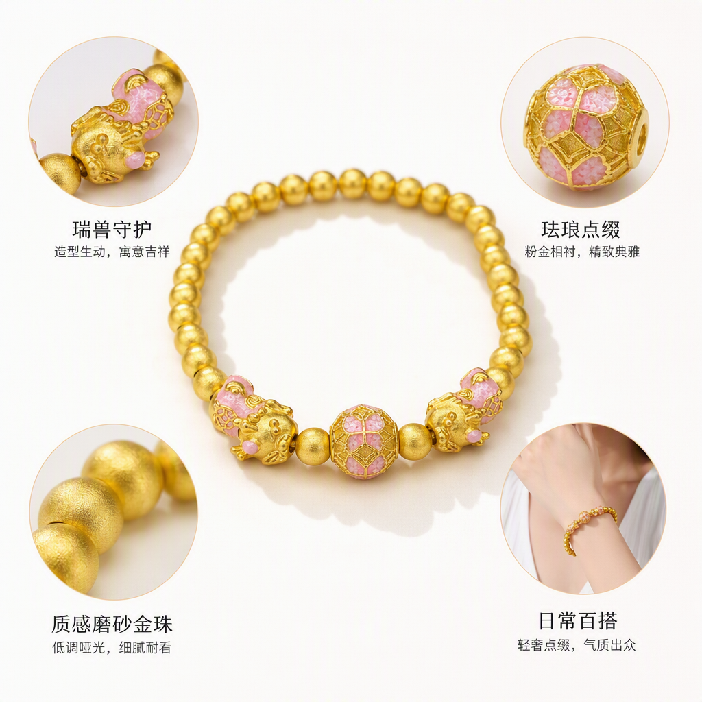 金色珠串手链粉色龙形饰件粉色蝴蝶纹中央珠时尚百搭沙金手饰礼品送女友
