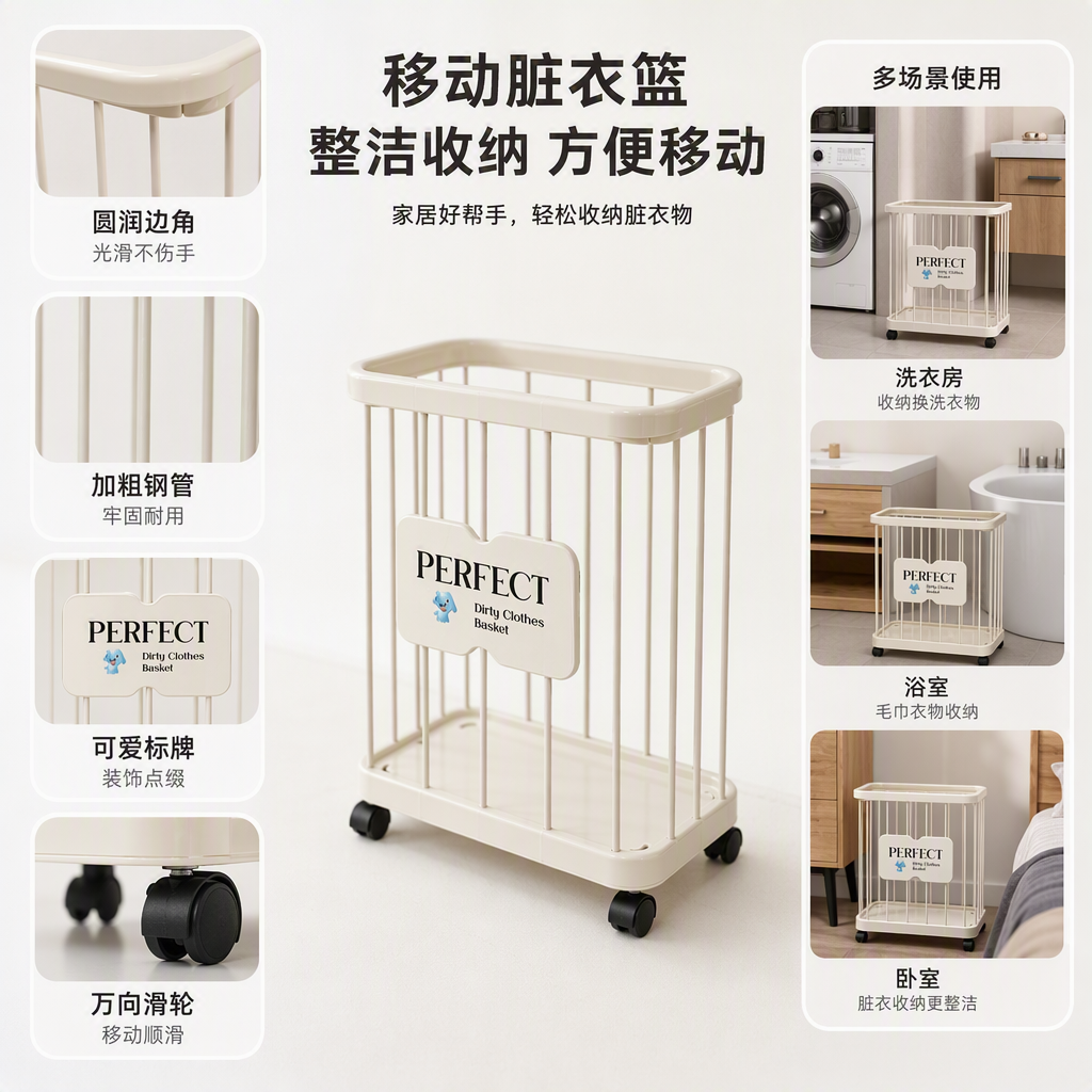 A large-capacity portable and simple, fashionable multi-functional storage box for home organization and storage with wheels in off-white color