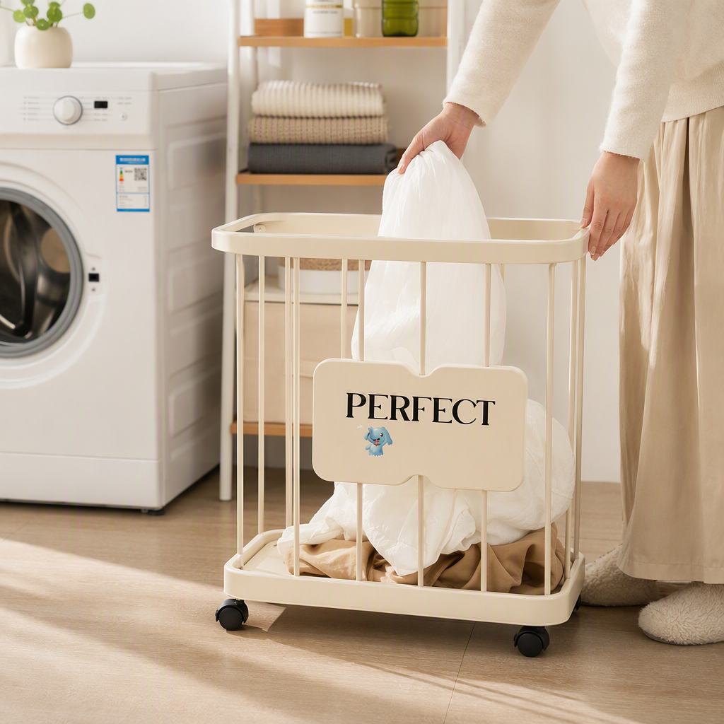 A large-capacity portable and simple, fashionable multi-functional storage box for home organization and storage with wheels in off-white color details Picture
