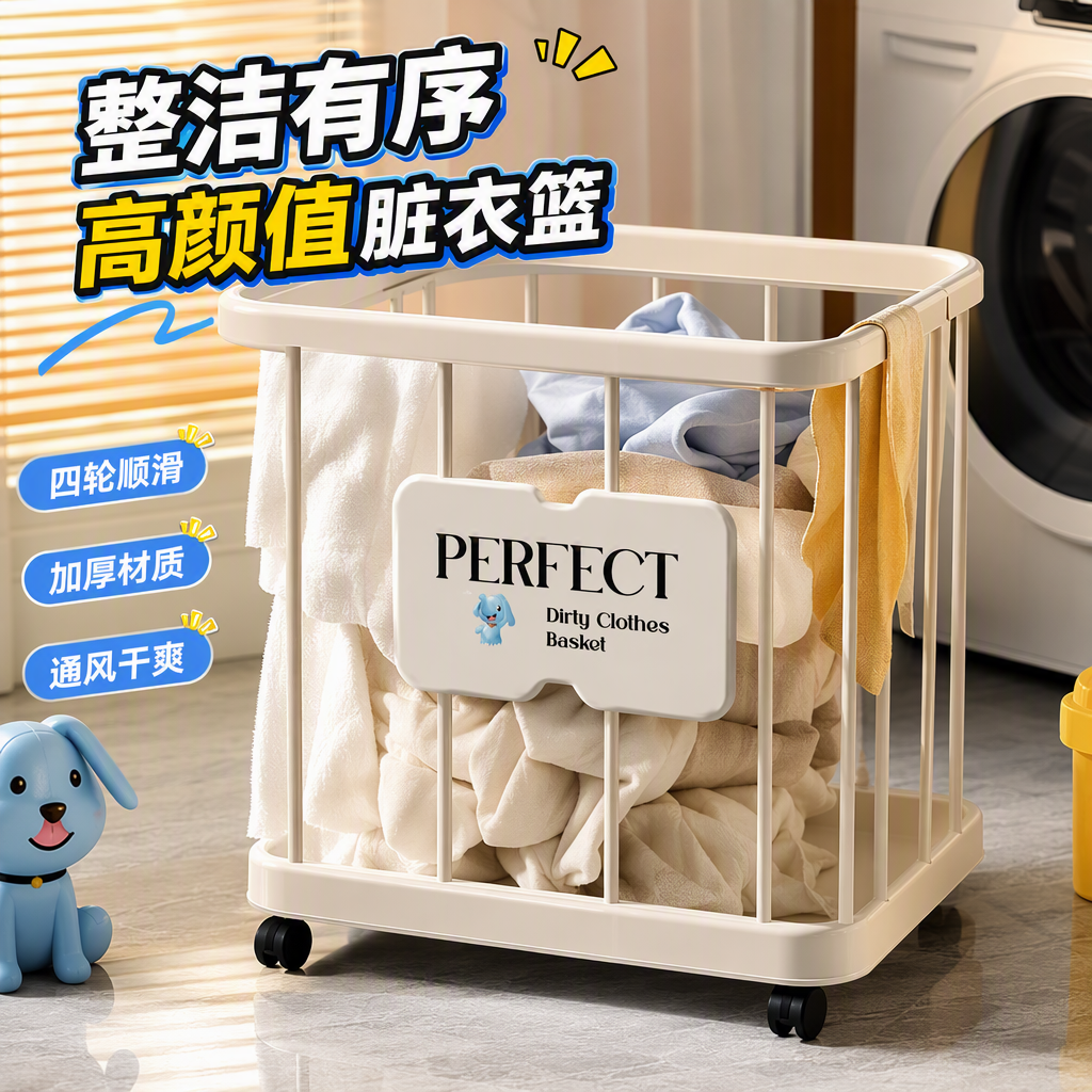A large-capacity portable and simple, fashionable multi-functional storage box for home organization and storage with wheels in off-white color Specification image