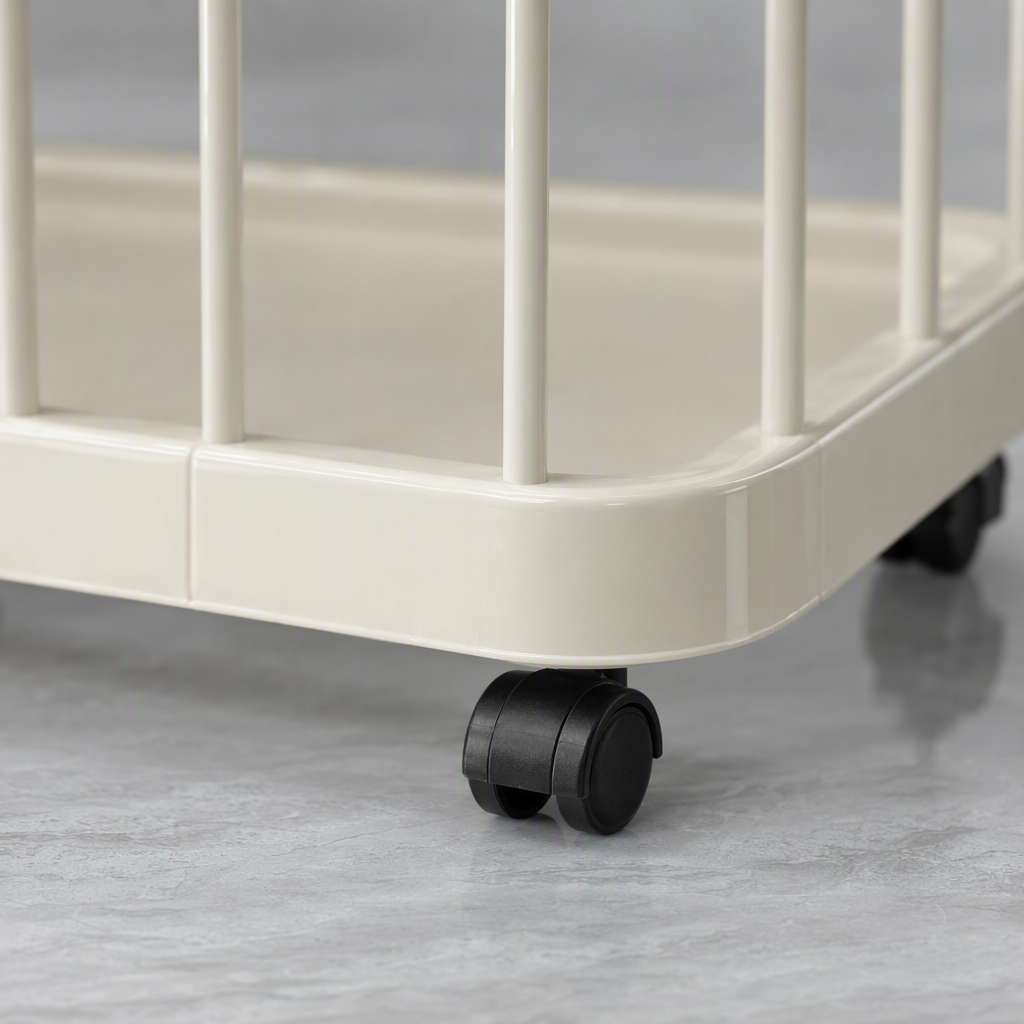 A large-capacity portable and simple, fashionable multi-functional storage box for home organization and storage with wheels in off-white color Application Scenario
