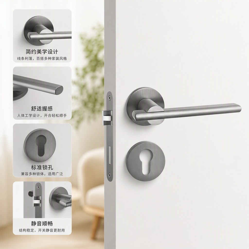 Mango de puerta de metal gris de gama alta con tapa de núcleo de cerradura durable antióxido simple moderno cerradura de puerta para el hogar accesorios