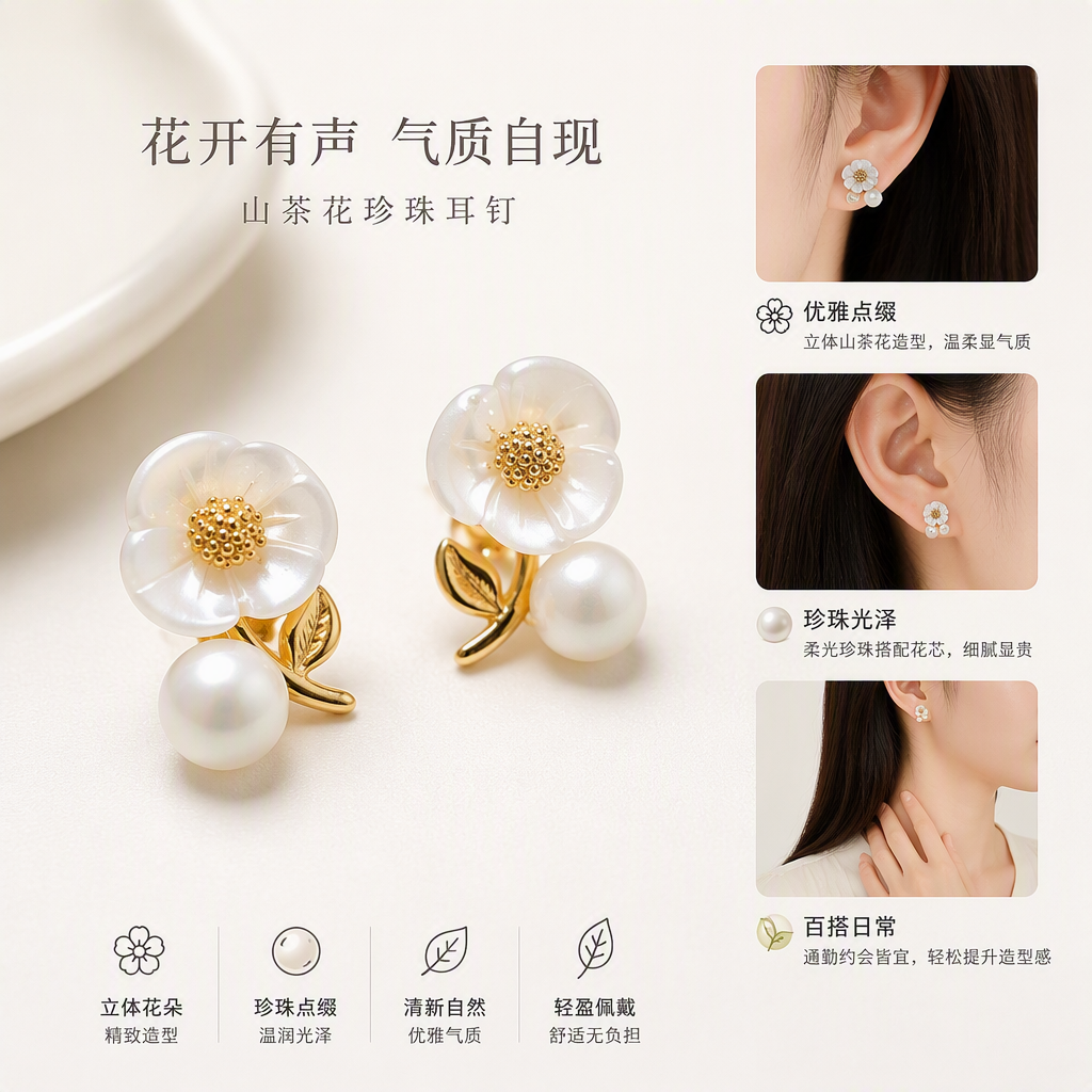 花朵珍珠耳钉简约白色耳饰卡片装饰百搭时尚耳饰品女生礼物