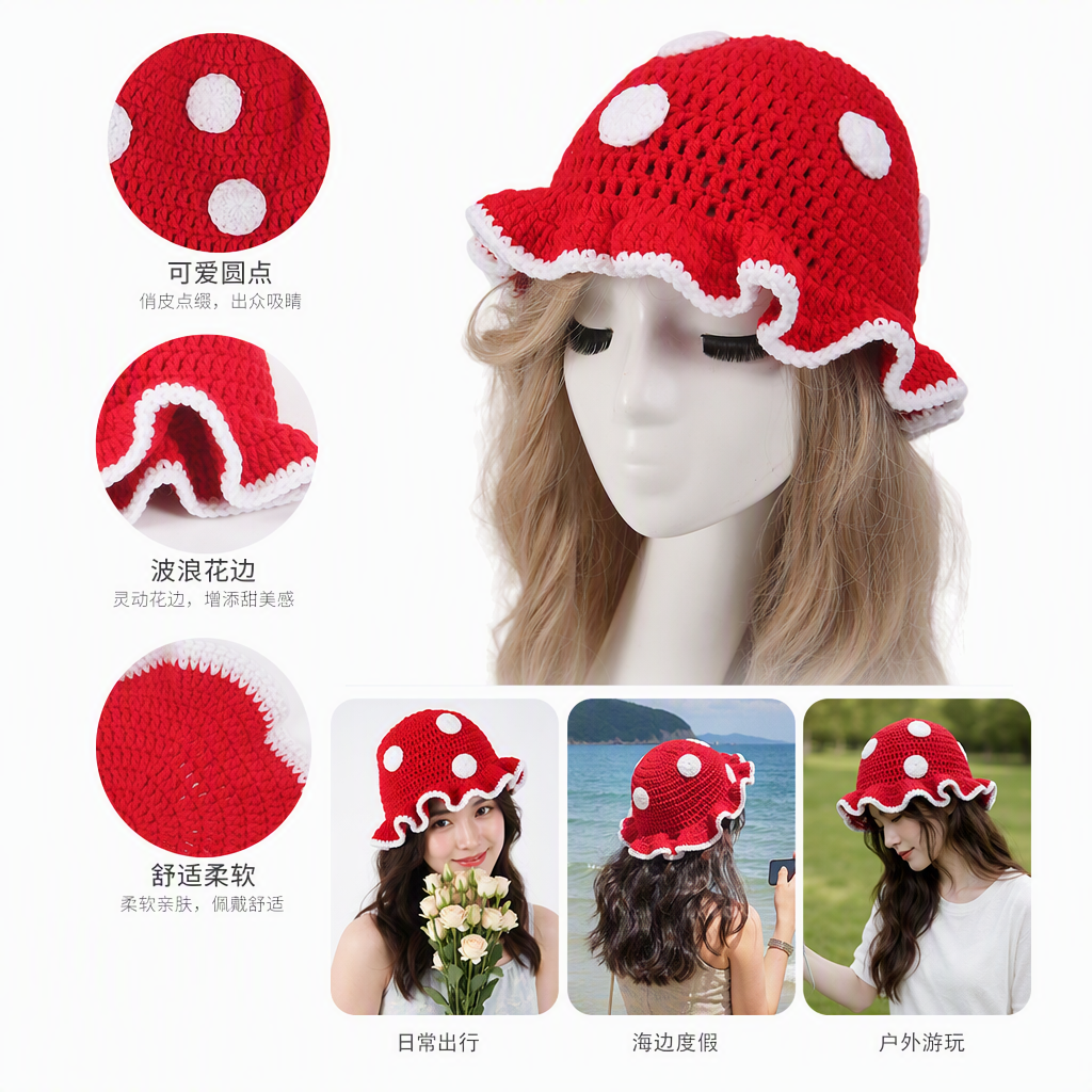 Handmade crochet mushroom cap, red creative decorative woolen knitted cap, a versatile piece for both children and adults