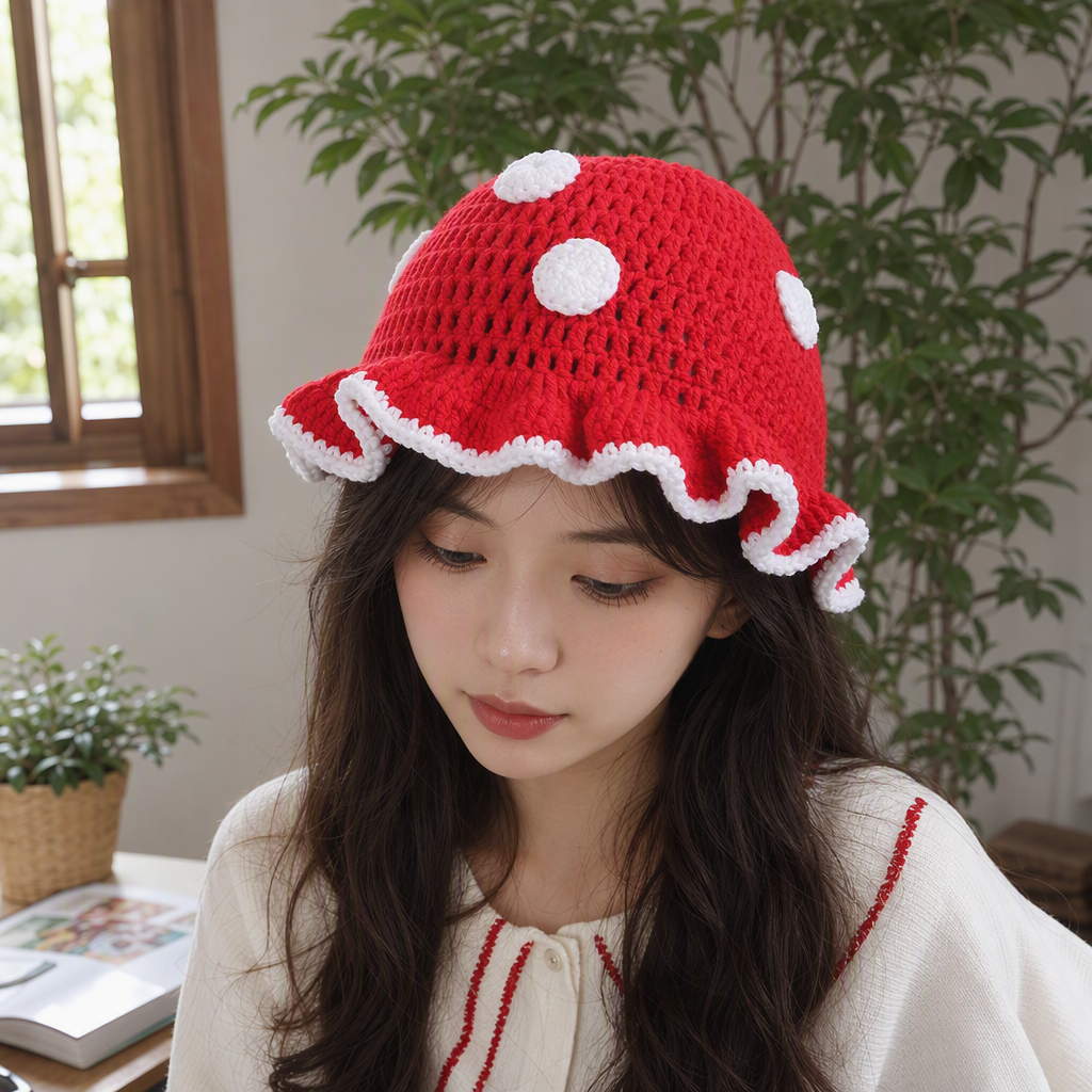 Handmade crochet mushroom cap, red creative decorative woolen knitted cap, a versatile piece for both children and adults details Picture