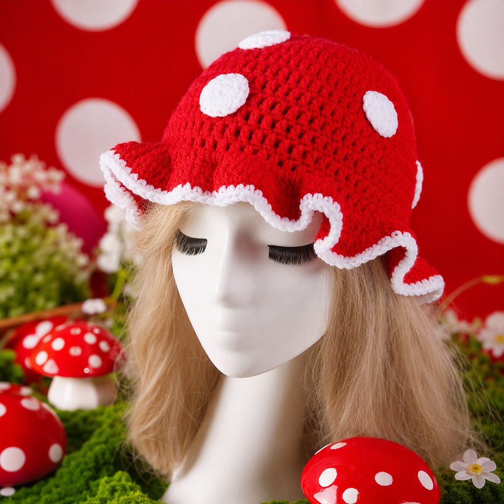 Handmade crochet mushroom cap, red creative decorative woolen knitted cap, a versatile piece for both children and adults Specification image