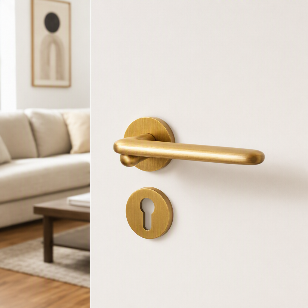 The golden door handle with lock core cover is rust-proof and durable. It is a high-quality and well-matched design for home interior door decoration accessories details Picture