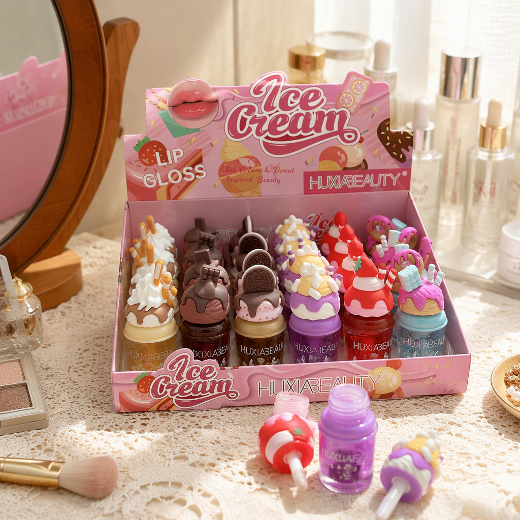 HUXIABEAUTY pink ice cream tema lip gloss caja de presentación 24pcs más de dulce estilo lip gloss caja de regalo girly heart cosméticos details Picture