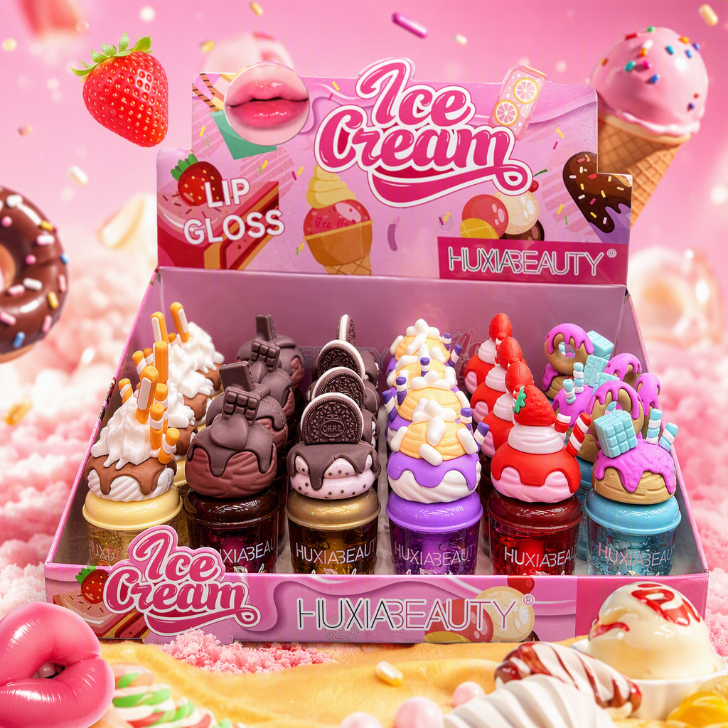 HUXIABEAUTY pink ice cream tema lip gloss caja de presentación 24pcs más de dulce estilo lip gloss caja de regalo girly heart cosméticos Specification image