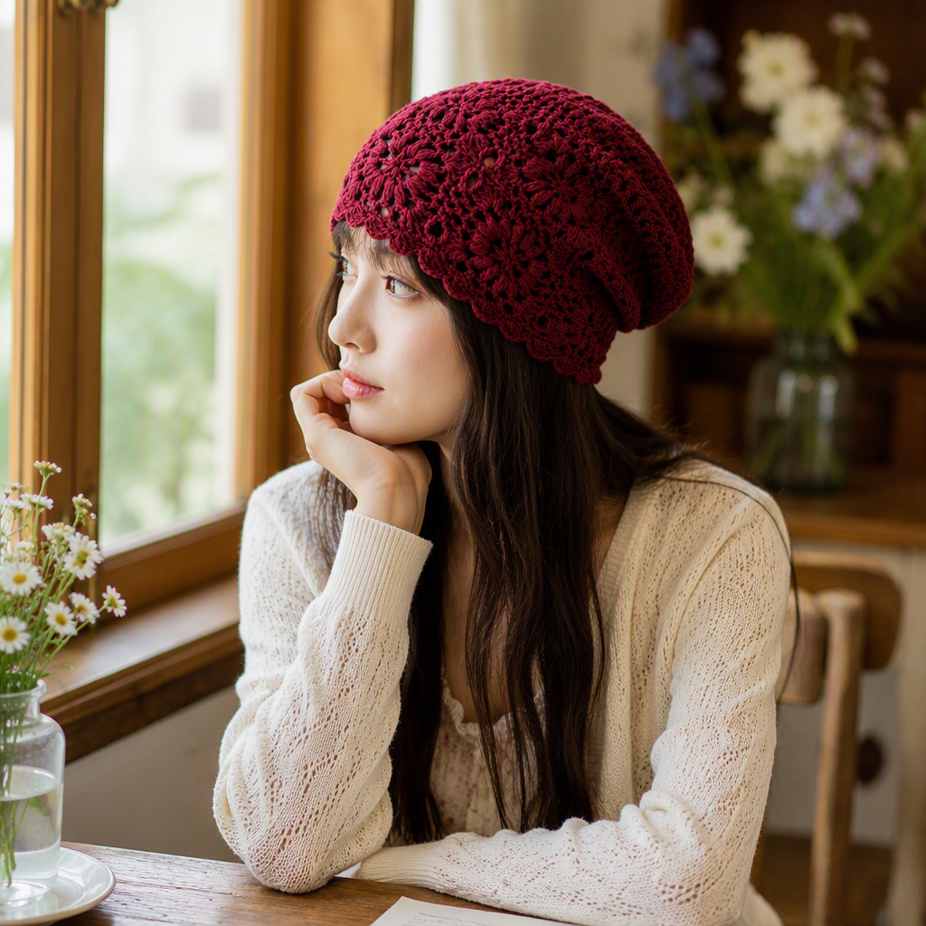 A fashionable brown crochet hat model wears a casual and versatile winter warm and trendy hat on the head details Picture
