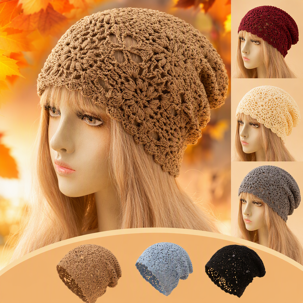 A fashionable brown crochet hat model wears a casual and versatile winter warm and trendy hat on the head Specification image