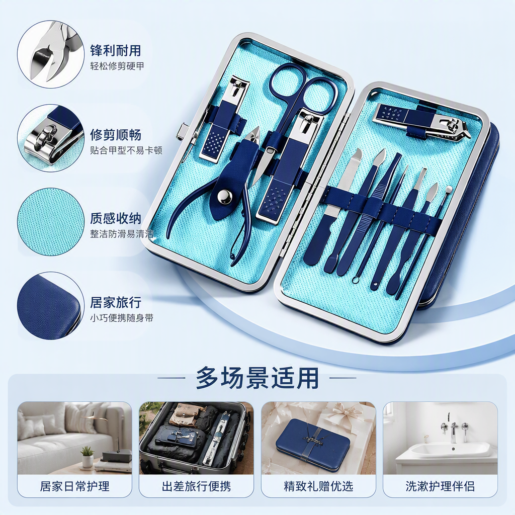 A multi-piece nail care tool set with a blue and white gradient background, including nail clippers, pliers, files, tweezers, and nail and beauty supplies