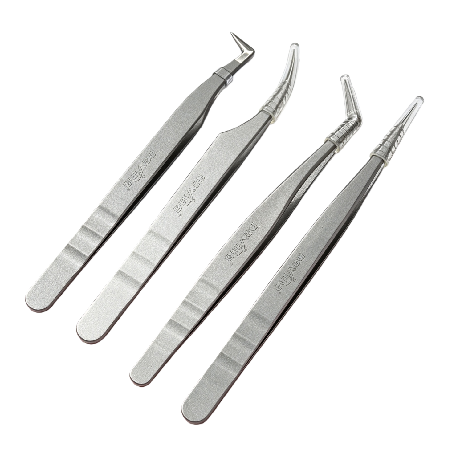 The multi-functional metal tweezers set features four elbow designs, transparent anti-slip handles, and a pink and white gradient background display Item Picture
