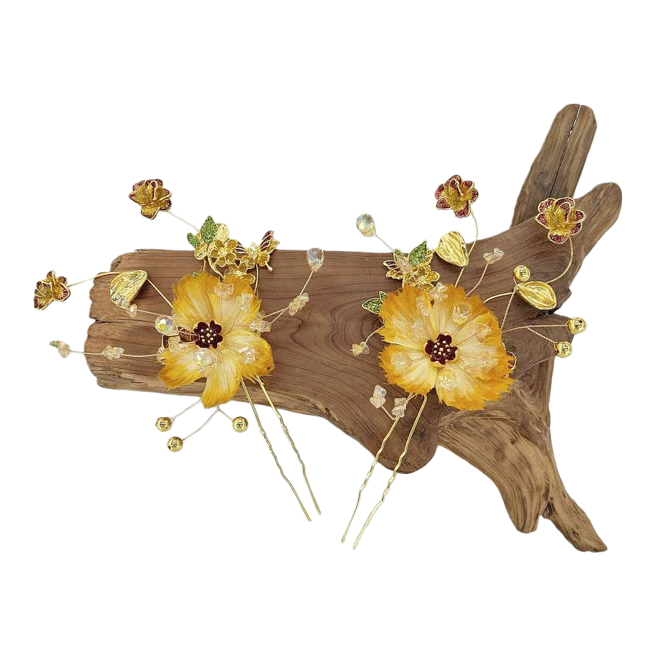 Golden floral hairpin, wooden base, elegant hair clip, hair accessory, headwear, hairstyle accessory, Korean simple style Item Picture