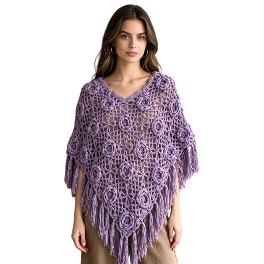 Elegant purple crochet shawl with flower tassels, a fashionable and versatile hand-woven shawl for ladies Item Picture