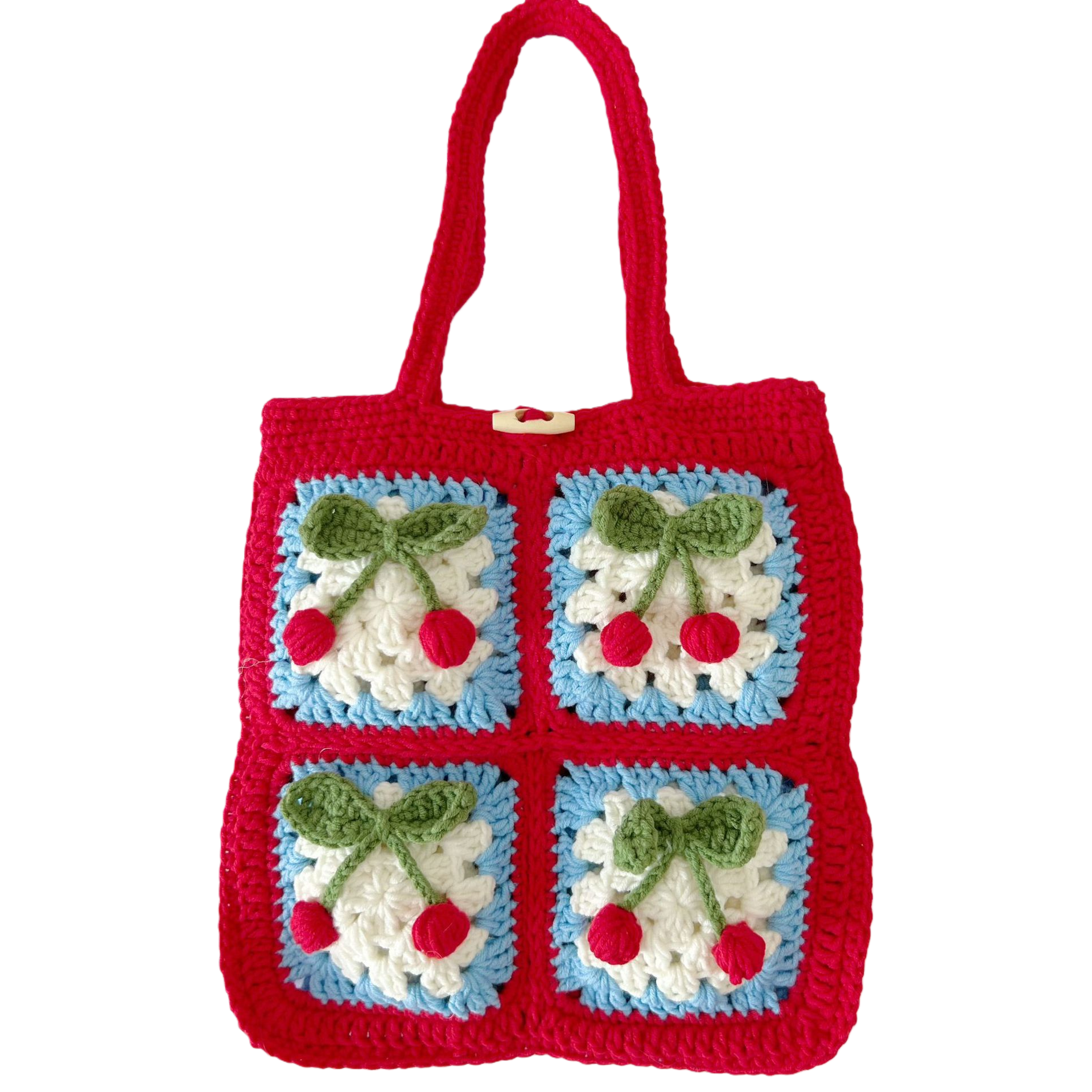 This hand-crochet handbag is decorated with checkered flowers, cherries, green leaves, a red handle and wooden buttons. It is a fashionable, versatile and trendy bag Item Picture
