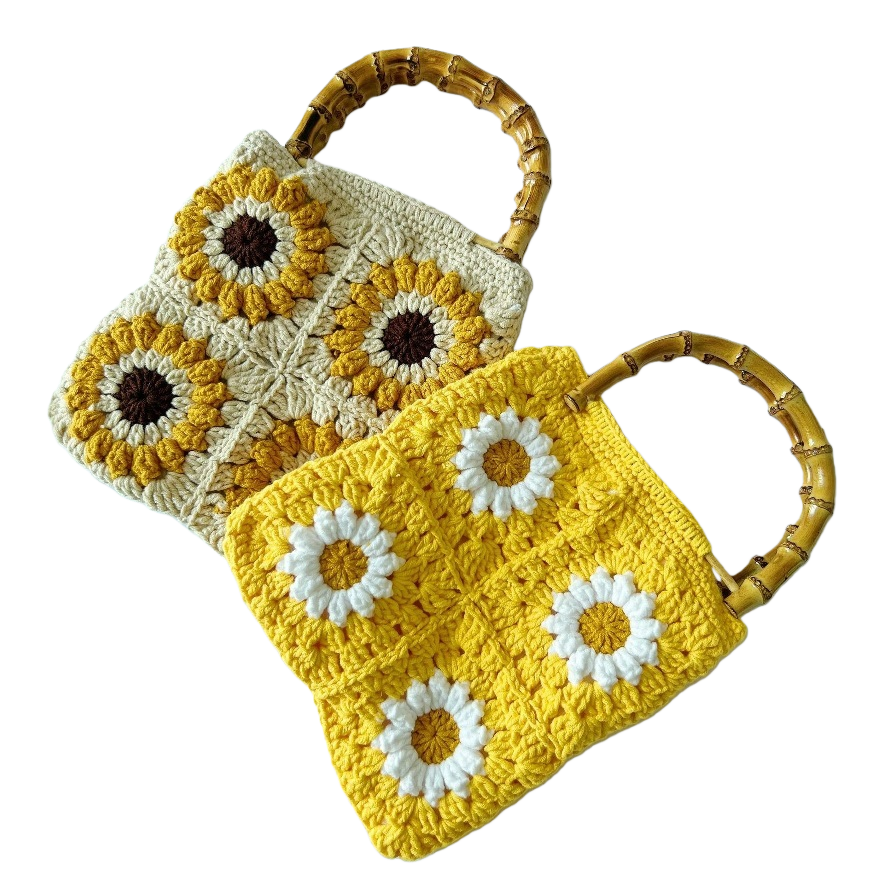 Handmade crochet sunflower handbag, beige and yellow retro casual woven bag, a trendy and versatile women's bag Item Picture
