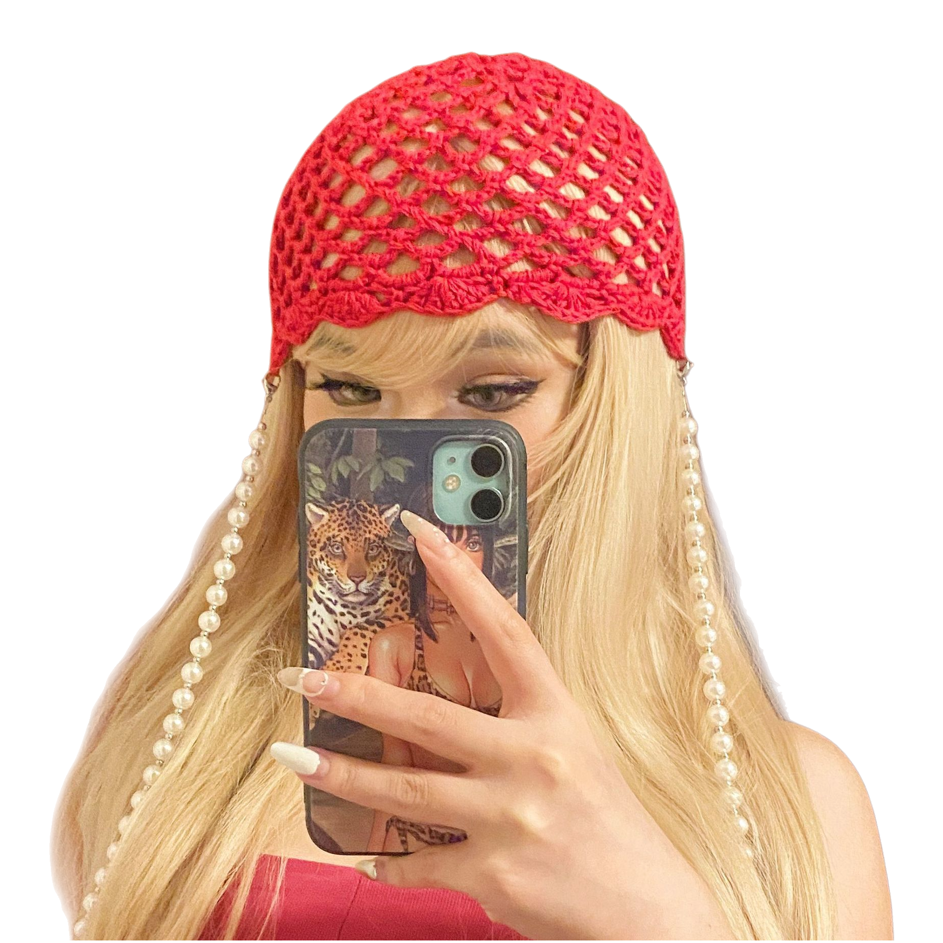 Blonde women with a red crochet hat and pearl tassels, a fashionable and versatile trendy hat accessory for women's autumn and winter Item Picture