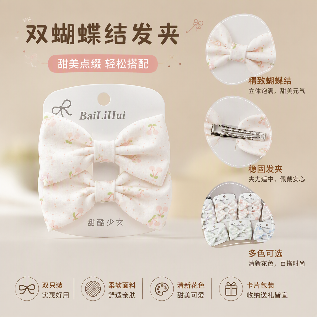 Fresh cherry floral bow hair clip set, gentle and creamy white with a girlish charm, sweet side clip, and a unique and versatile headpiece Item Picture