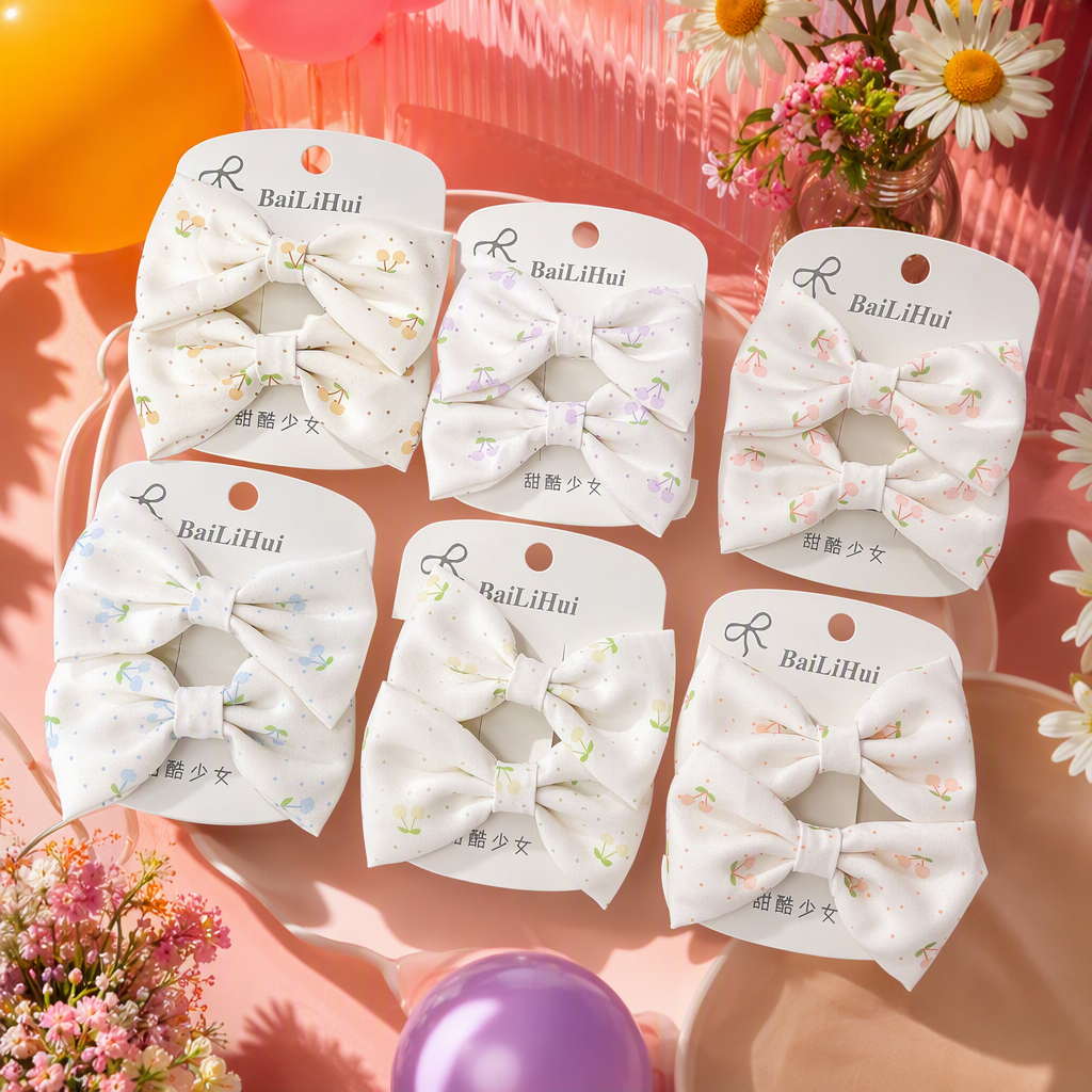 Fresh cherry floral bow hair clip set, gentle and creamy white with a girlish charm, sweet side clip, and a unique and versatile headpiece