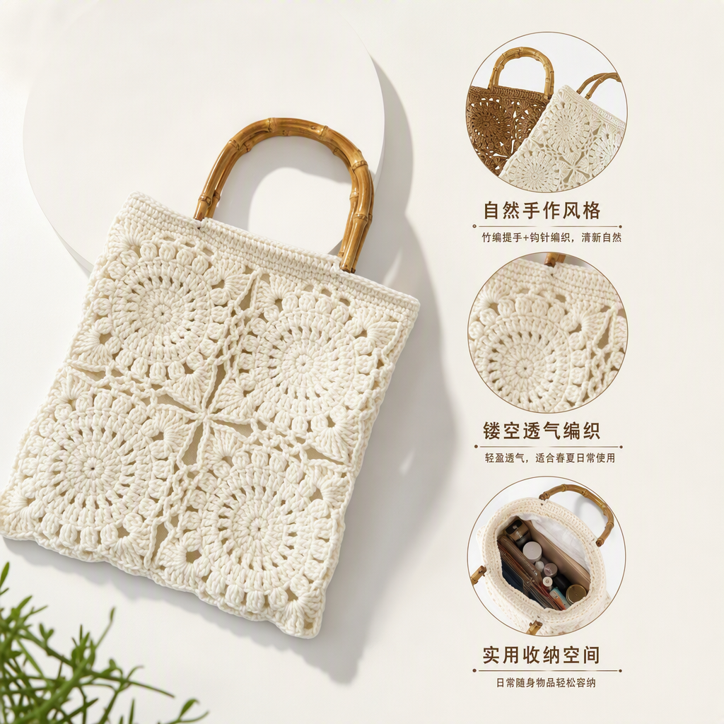 Beige crochet bag with bamboo handle handbag, casual and versatile. Brown crochet bag, retro hand-woven bag