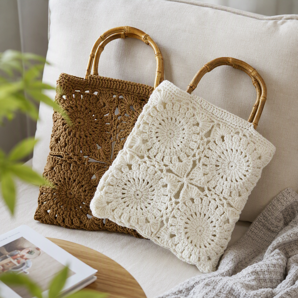 Beige crochet bag with bamboo handle handbag, casual and versatile. Brown crochet bag, retro hand-woven bag details Picture