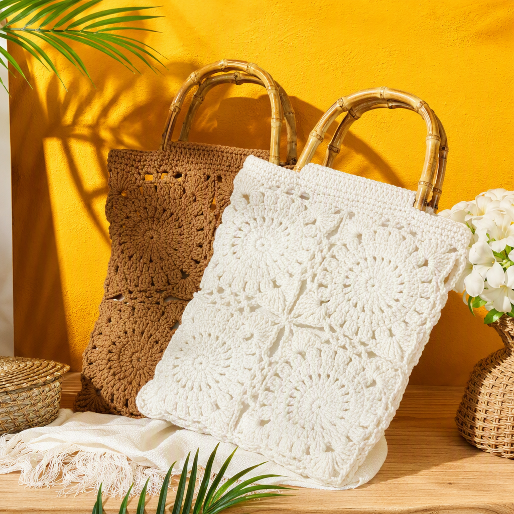 Beige crochet bag with bamboo handle handbag, casual and versatile. Brown crochet bag, retro hand-woven bag Specification image