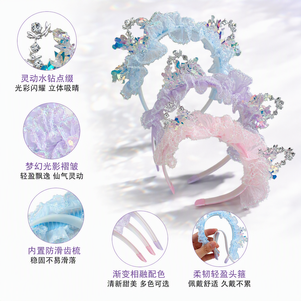 闪亮彩色亮片蕾丝发箍时尚百搭发饰头饰发带发夹发箍潮流款