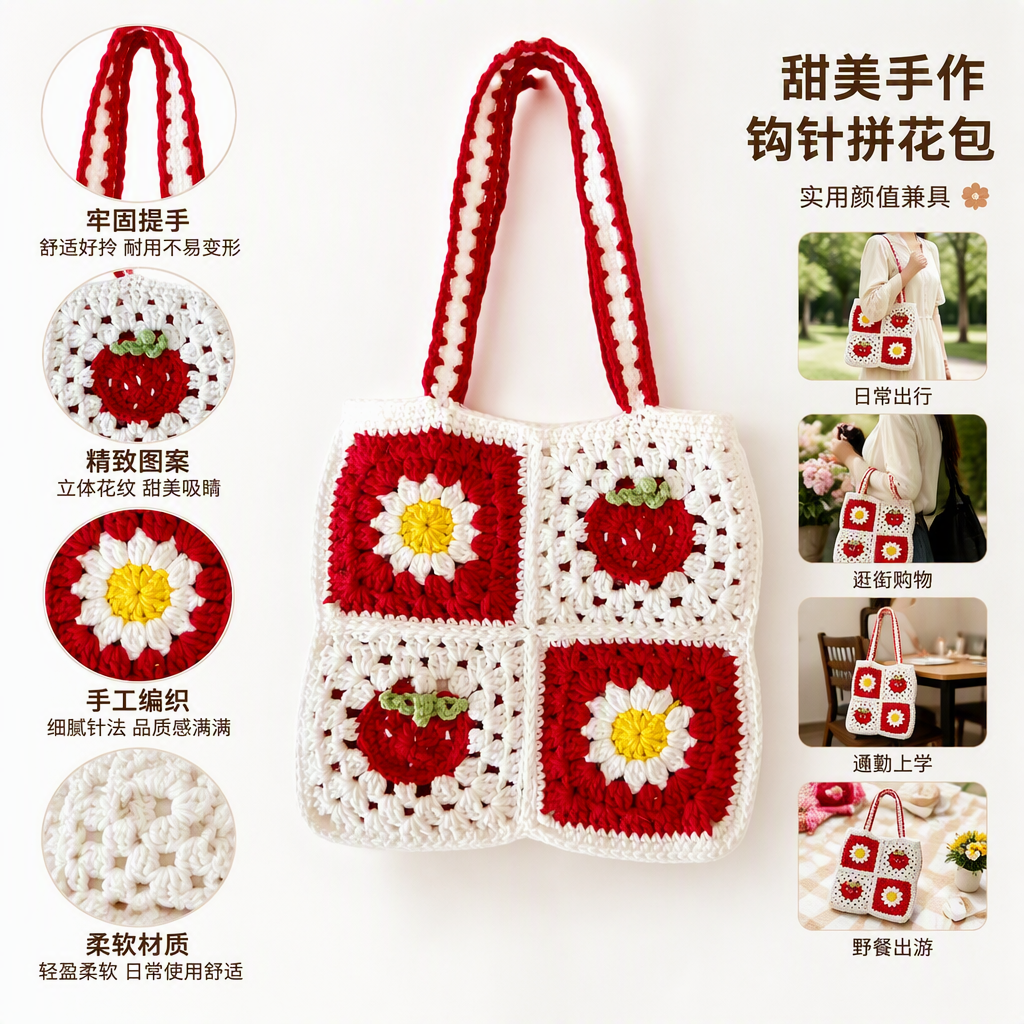 This hand-crochet handbag is decorated with checkered flowers, cherries, green leaves, a red handle and wooden buttons. It is a fashionable, versatile and trendy bag