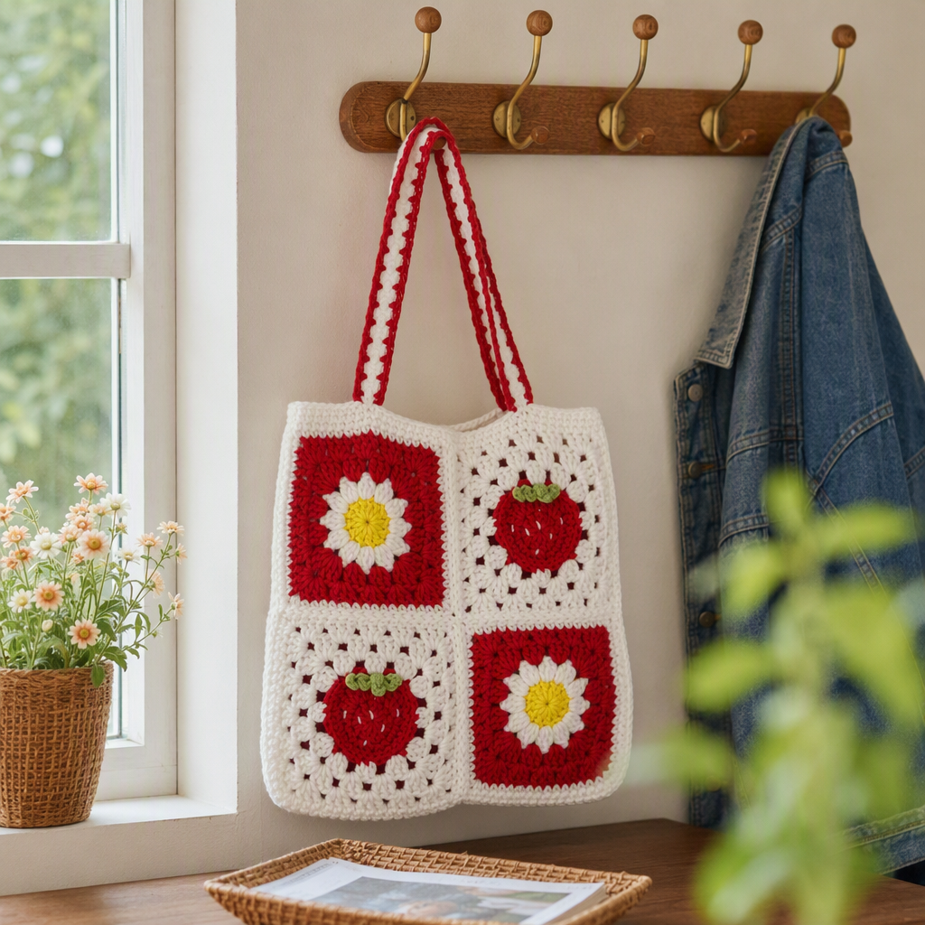 This hand-crochet handbag is decorated with checkered flowers, cherries, green leaves, a red handle and wooden buttons. It is a fashionable, versatile and trendy bag details Picture