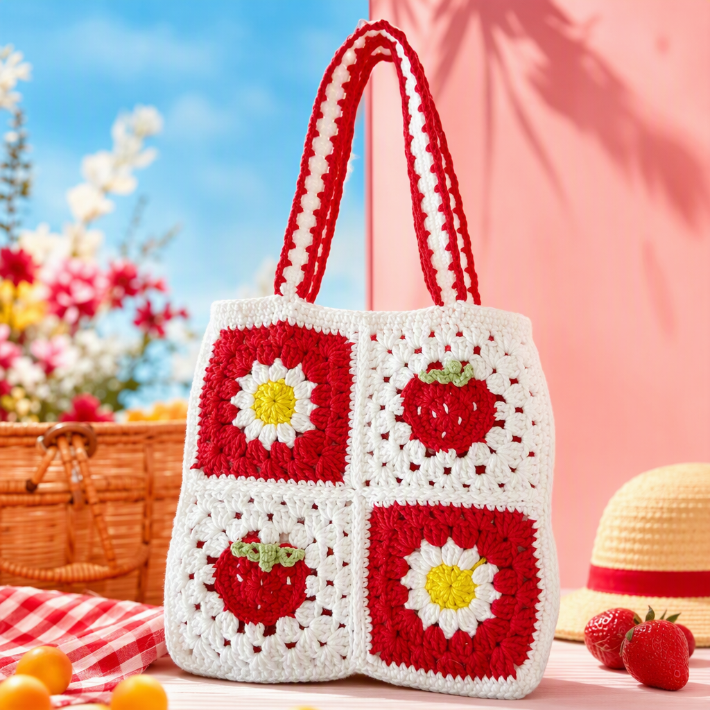 This hand-crochet handbag is decorated with checkered flowers, cherries, green leaves, a red handle and wooden buttons. It is a fashionable, versatile and trendy bag Specification image