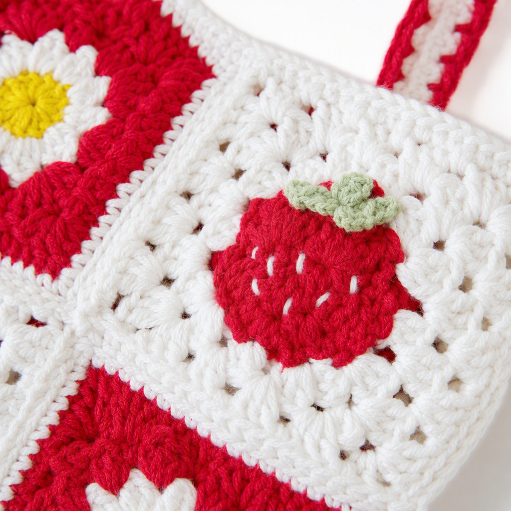 This hand-crochet handbag is decorated with checkered flowers, cherries, green leaves, a red handle and wooden buttons. It is a fashionable, versatile and trendy bag Application Scenario