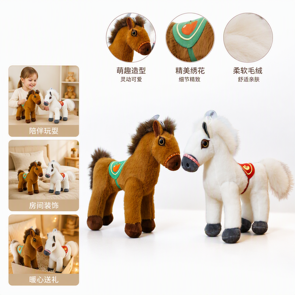 Brown and white pony plush hanging doll, cute pillow, children's toy