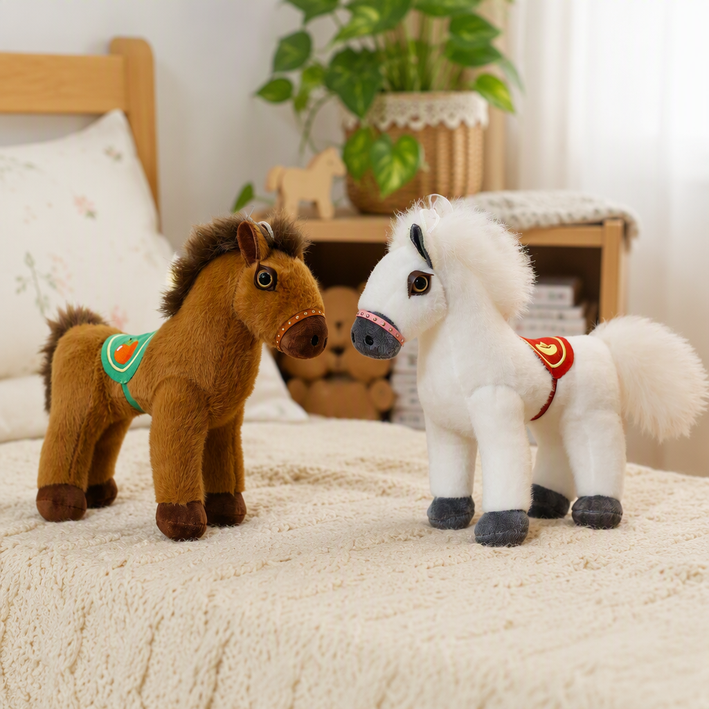 Brown and white pony plush hanging doll, cute pillow, children's toy details Picture