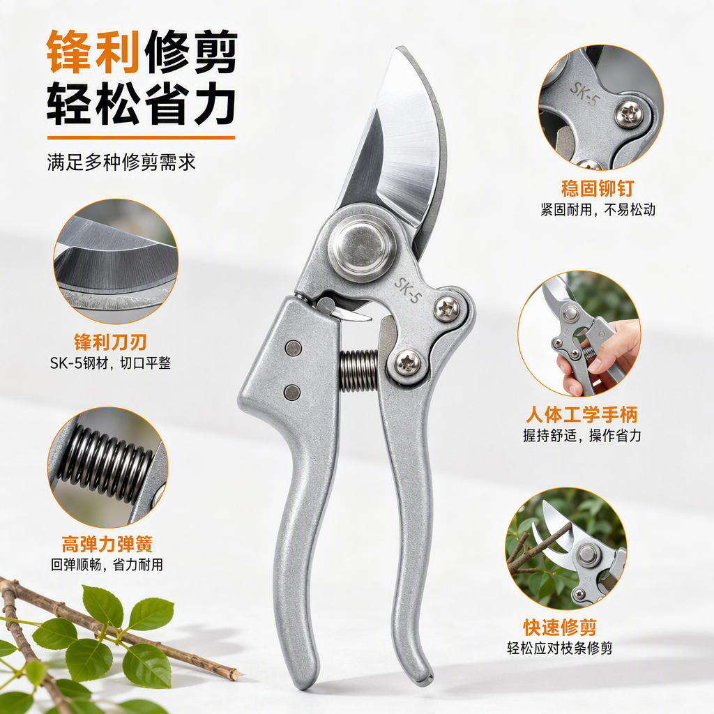 Durable steel handle pruning shears, garden green plant trimming tools, lightweight and portable, household hardware accessories