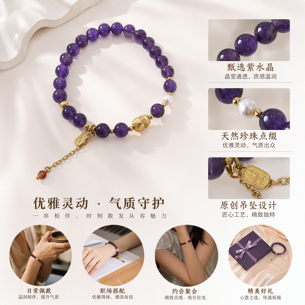 时尚紫色水晶手链女简约复古手饰情侣手串手链礼物送女生