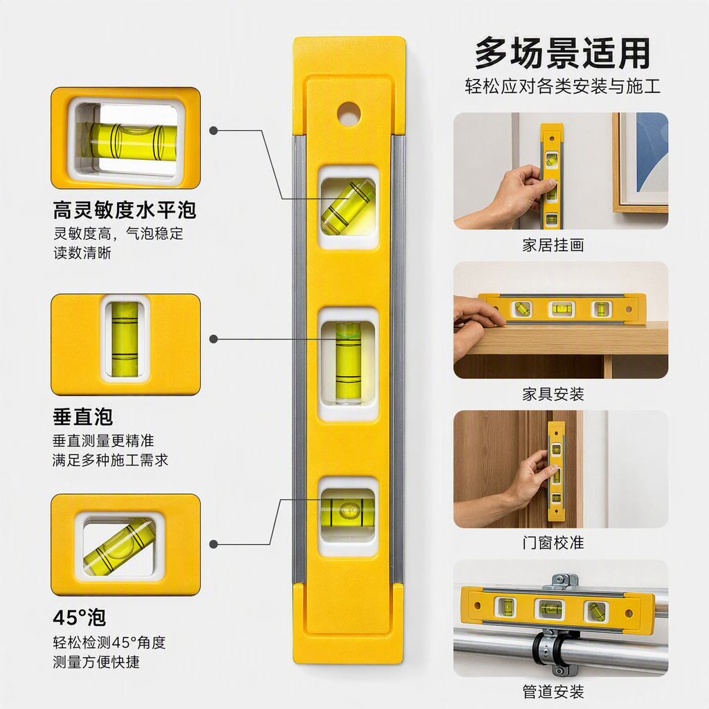 Multi-functional steel level measuring tool, household professional building decoration auxiliary measuring instrument level Application Scenario