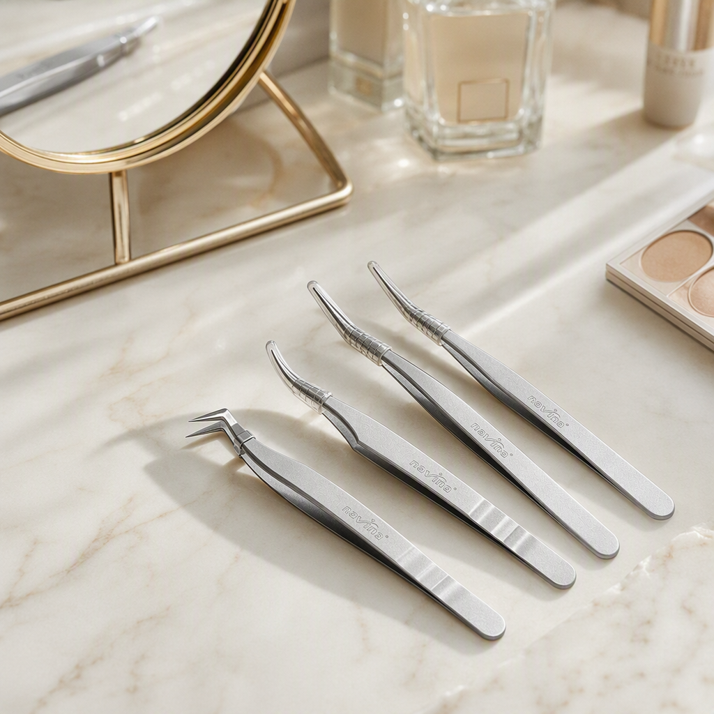 The multi-functional metal tweezers set features four elbow designs, transparent anti-slip handles, and a pink and white gradient background display details Picture