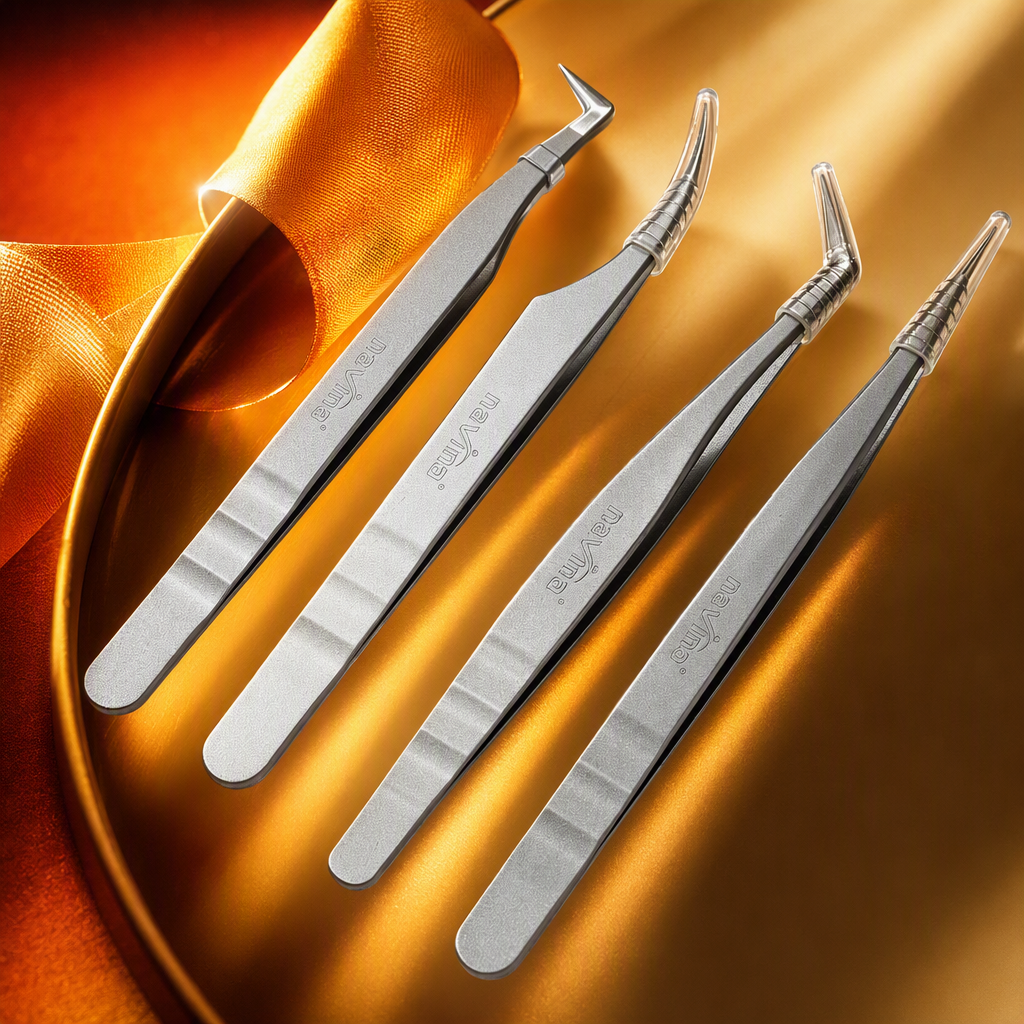 The multi-functional metal tweezers set features four elbow designs, transparent anti-slip handles, and a pink and white gradient background display Specification image