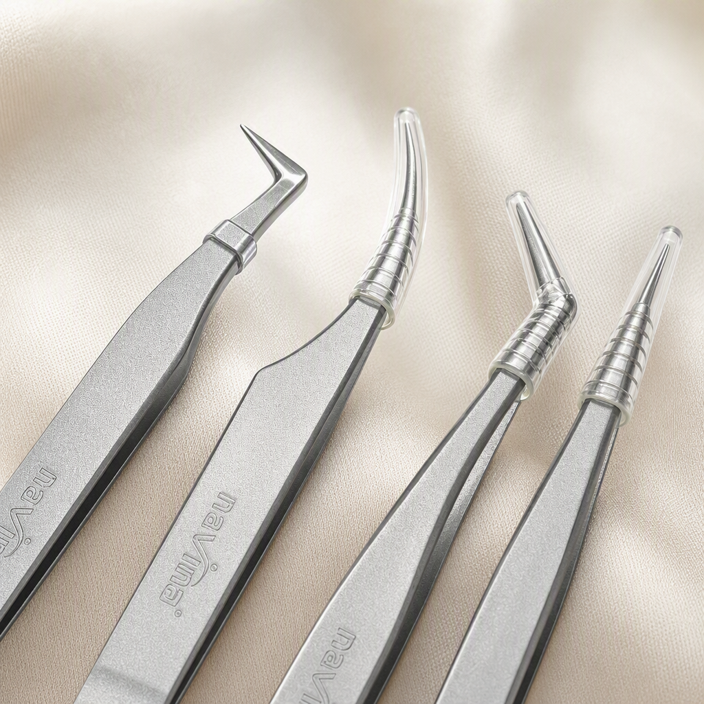 The multi-functional metal tweezers set features four elbow designs, transparent anti-slip handles, and a pink and white gradient background display Application Scenario