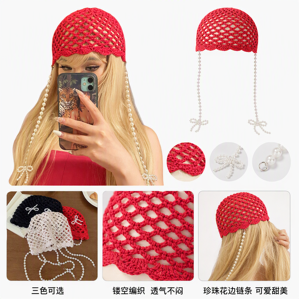 Blonde women with a red crochet hat and pearl tassels, a fashionable and versatile trendy hat accessory for women's autumn and winter