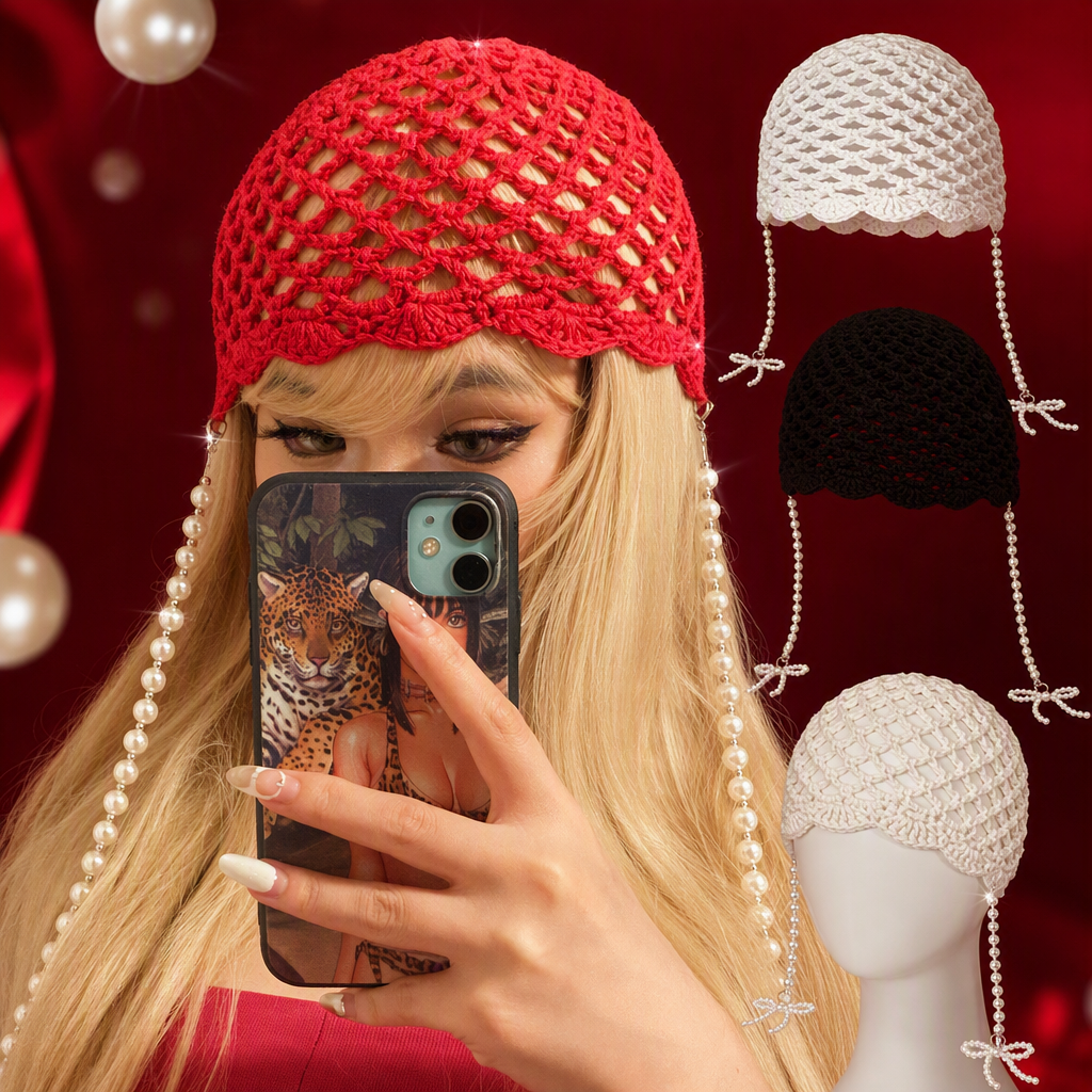 Blonde women with a red crochet hat and pearl tassels, a fashionable and versatile trendy hat accessory for women's autumn and winter Specification image