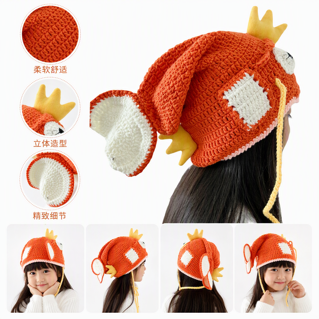 Orange crochet hand-knitted goldfish cap, a cute and warm woolen cap for children, a fashionable and trendy autumn and winter collection