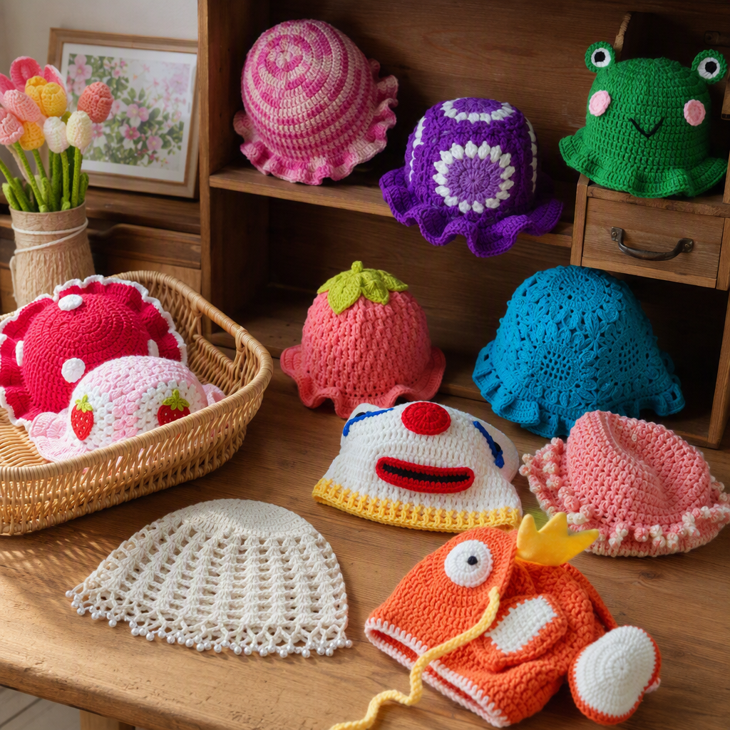 Orange crochet hand-knitted goldfish cap, a cute and warm woolen cap for children, a fashionable and trendy autumn and winter collection details Picture