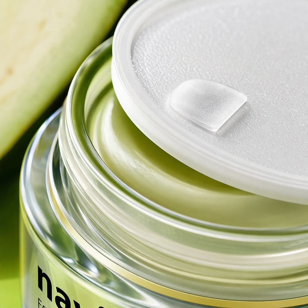 Fresh mint melon scented makeup remover cream can in a green background with sliced natural cleansing care products Application Scenario