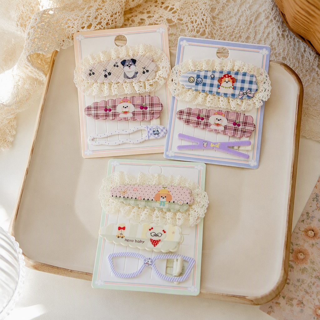 Korean lindos cachorros plaid hairpin set encaje encaje broken hairpin BB clip dulce chica lateral flequilla clip ins pequeño hairpin Specification image