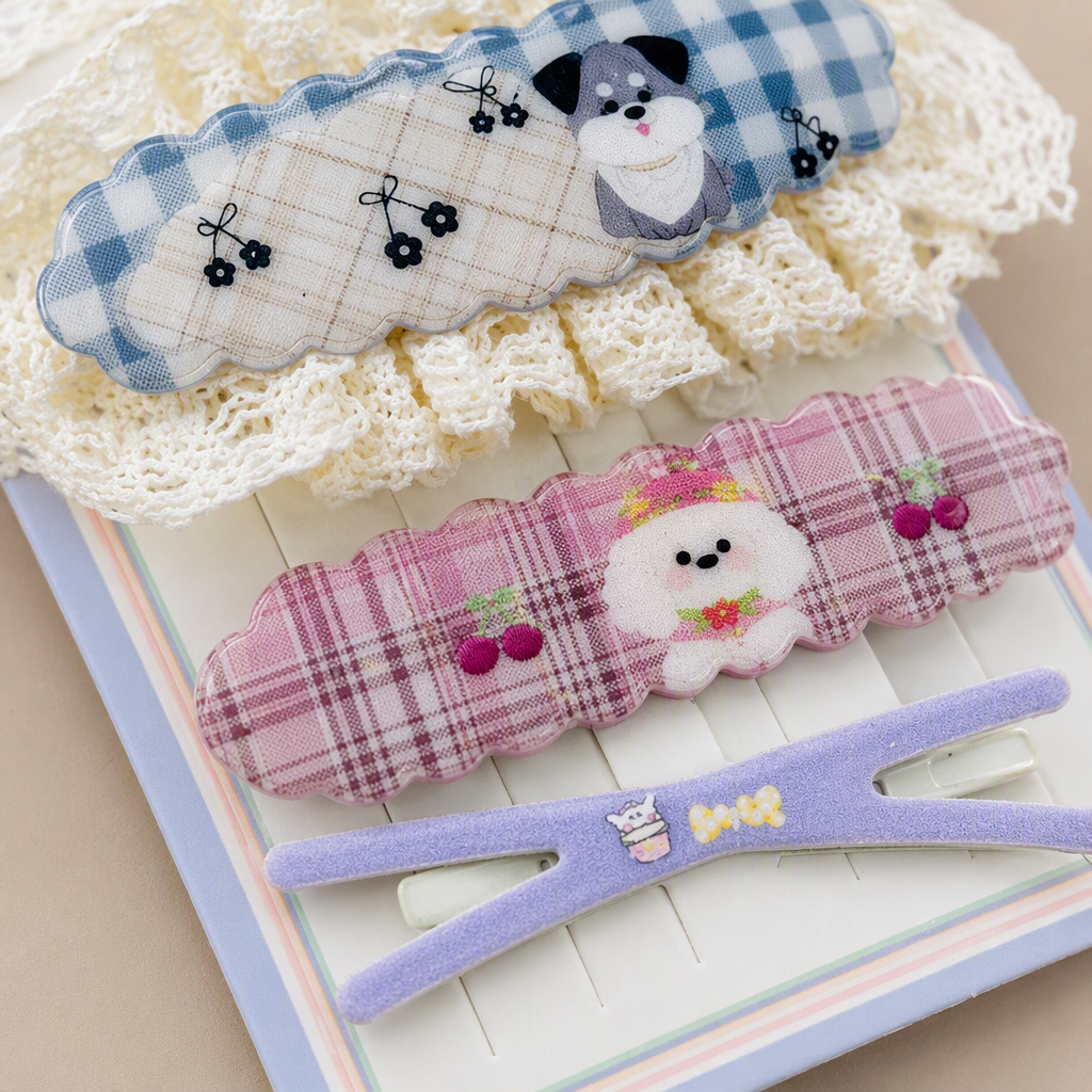Korean lindos cachorros plaid hairpin set encaje encaje broken hairpin BB clip dulce chica lateral flequilla clip ins pequeño hairpin Application Scenario