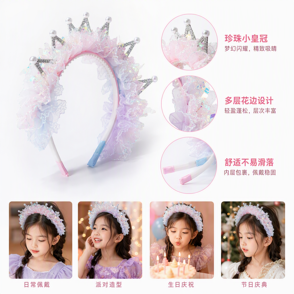 优雅粉紫蕾丝皇冠发箍时尚发饰头饰甜美发带女款百搭发饰品